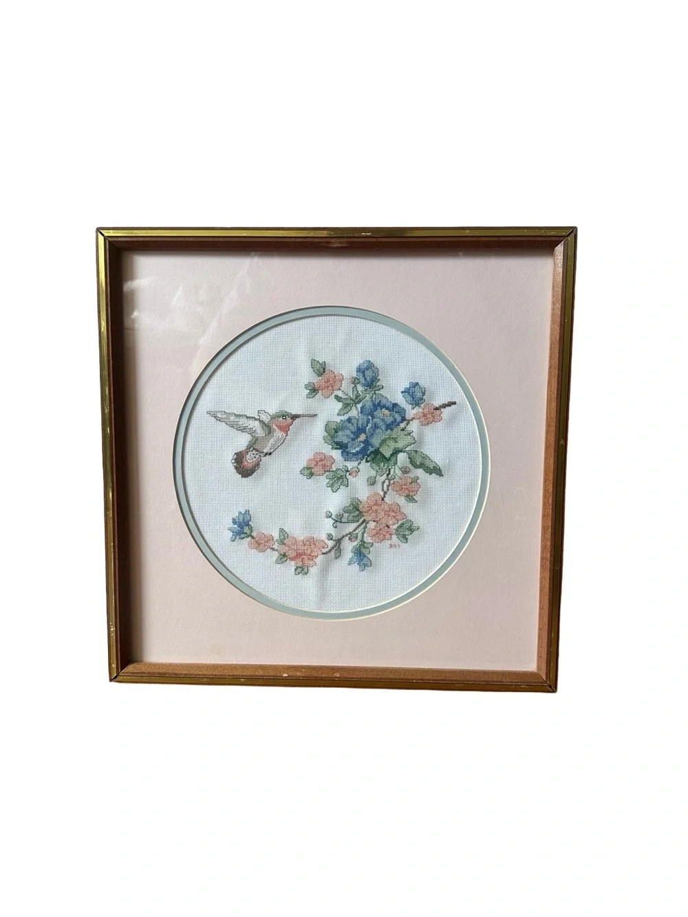 VTG Completed Hummingbird Framed Cross Stitch Art